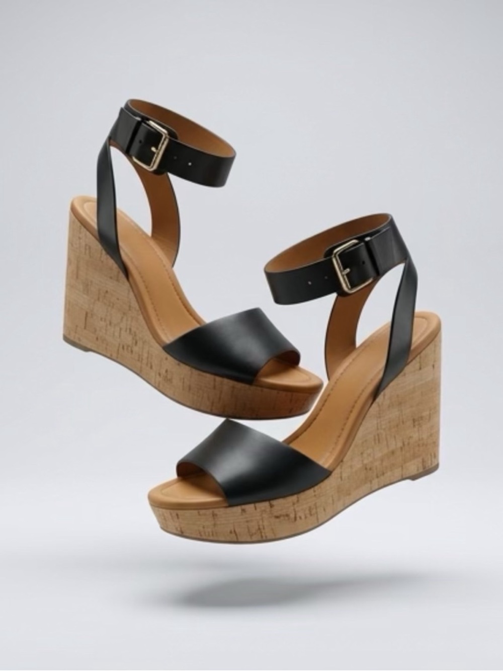 Tommy Hilfiger Maya Black Leather & Cork Wedge Sandals - Size 8.5